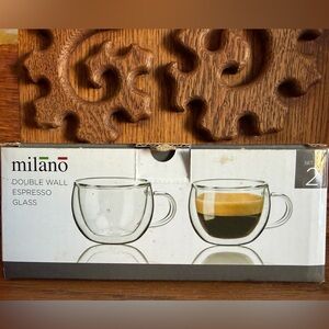 Milano clear glass double-walled Espresso Set with Handle 2 cups, new in box
